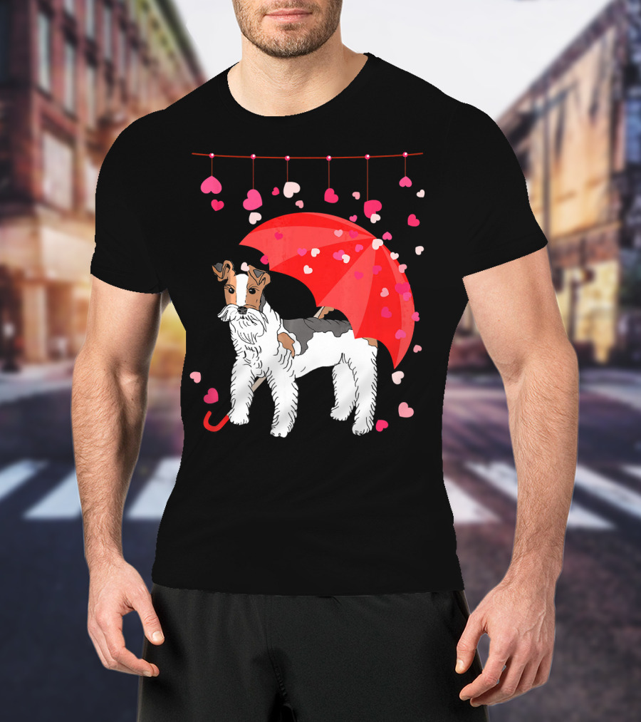 Fox Terrier With Red Umbrella And Falling Hearts Valentines T-Shirt