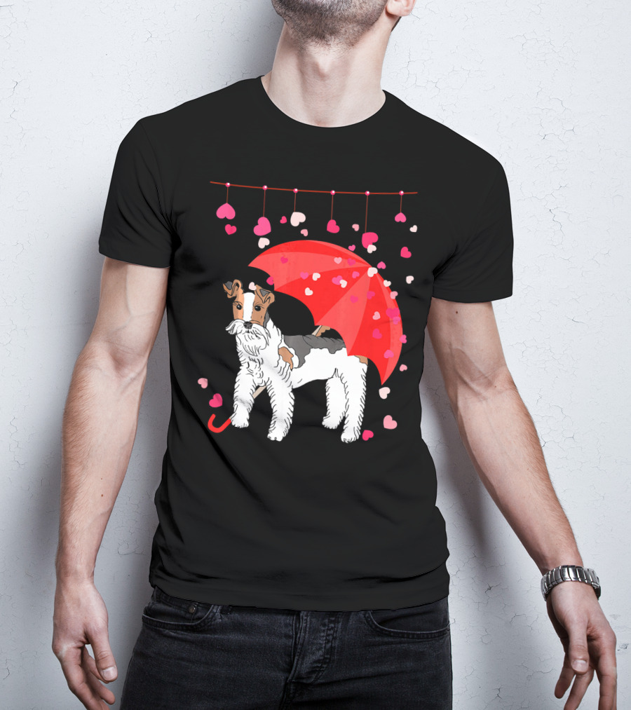 Fox Terrier With Red Umbrella And Falling Hearts Valentines T-Shirt