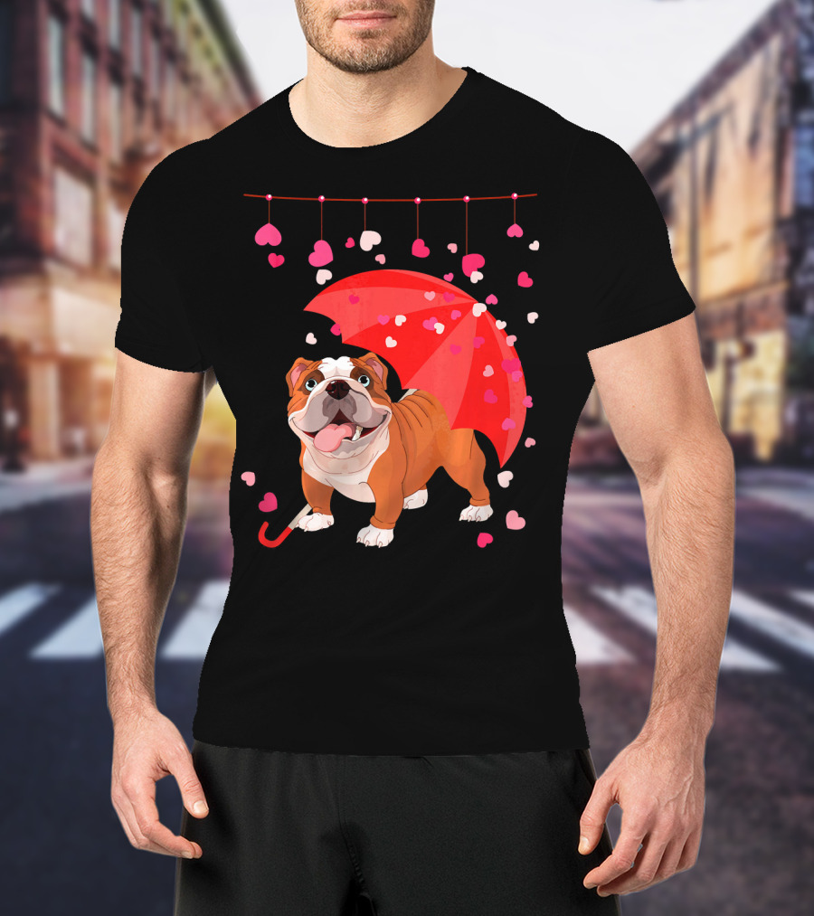 French Bulldog Raining Hearts Under Red Umbrella Valentines T-Shirt