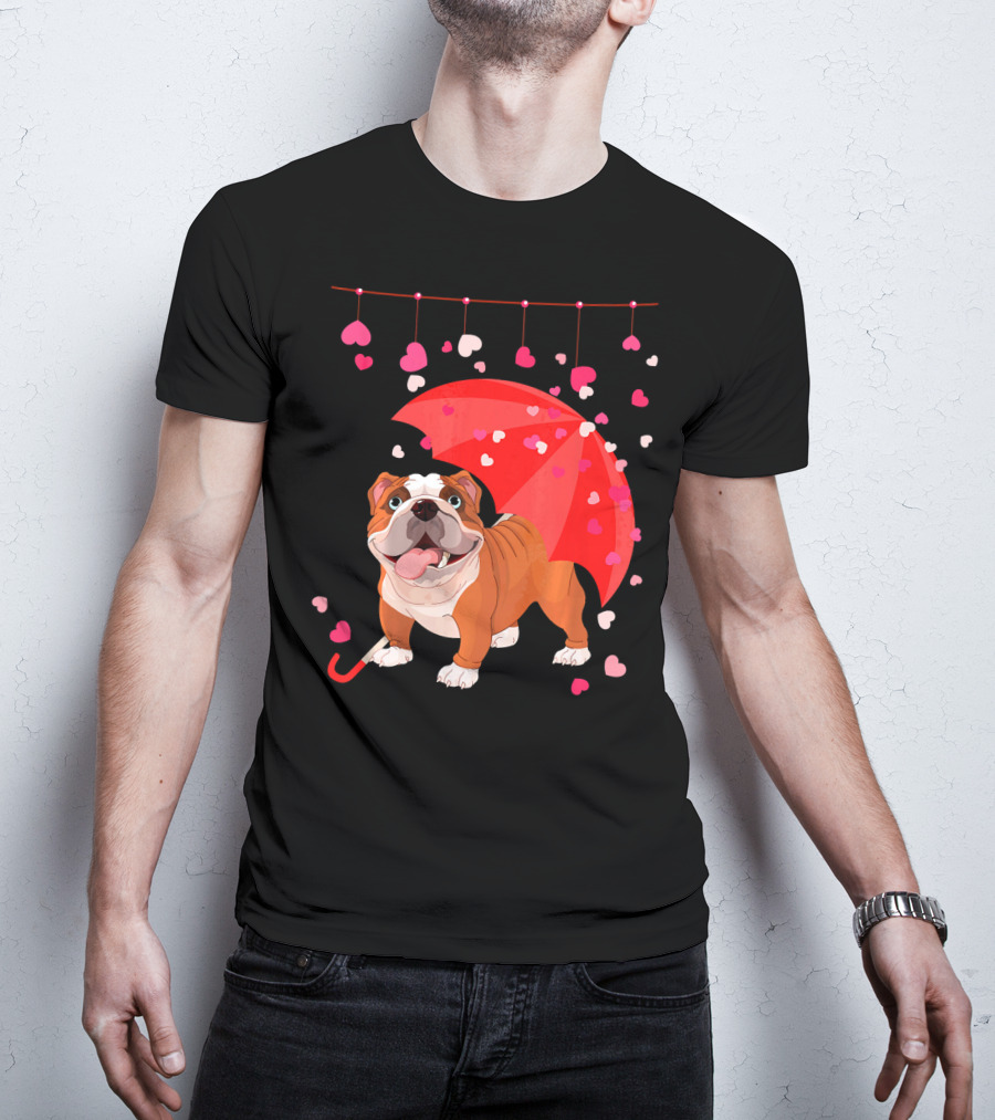 French Bulldog Raining Hearts Under Red Umbrella Valentines T-Shirt