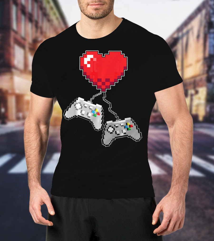 Pixel Heart Gaming Valentine Dual Controller Fun T-Shirt