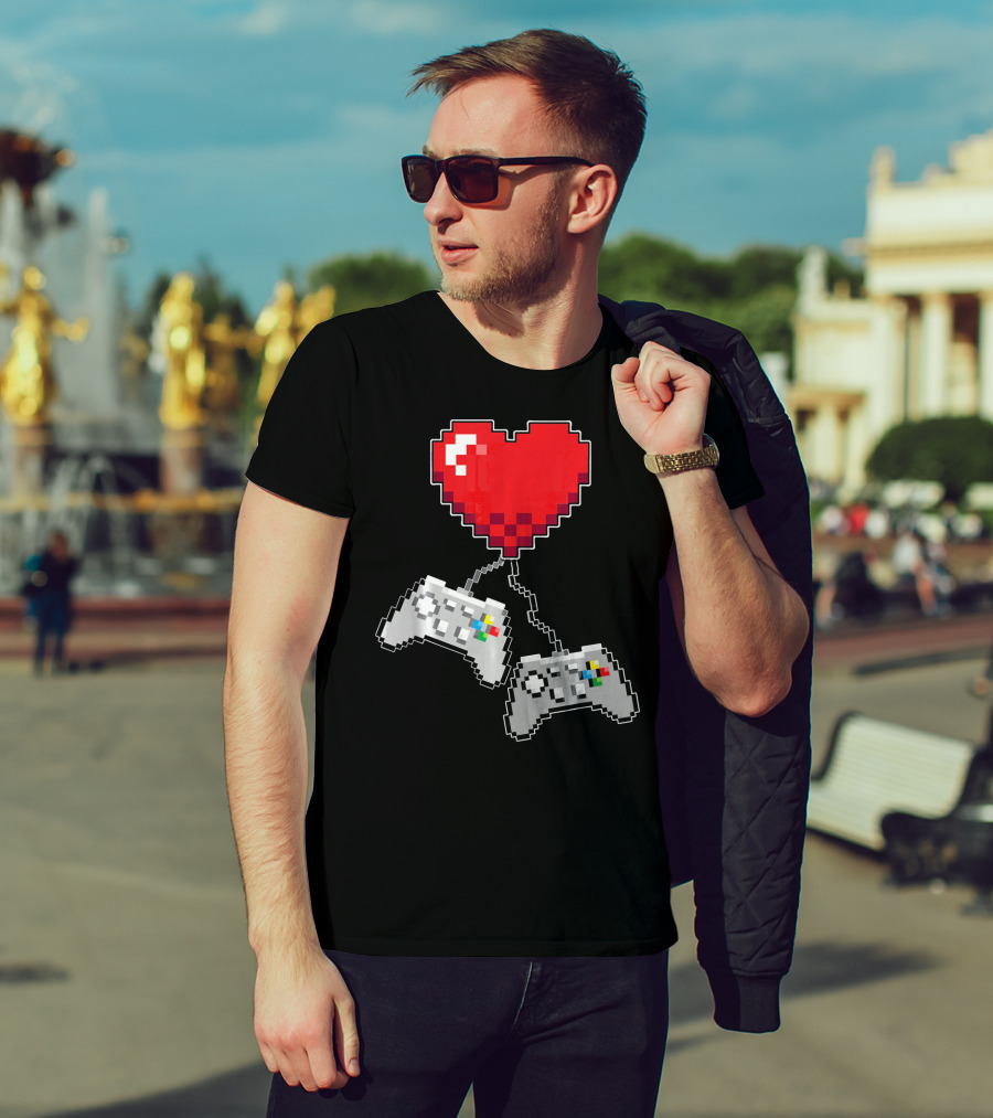 Pixel Heart Gaming Valentine Dual Controller Fun T-Shirt