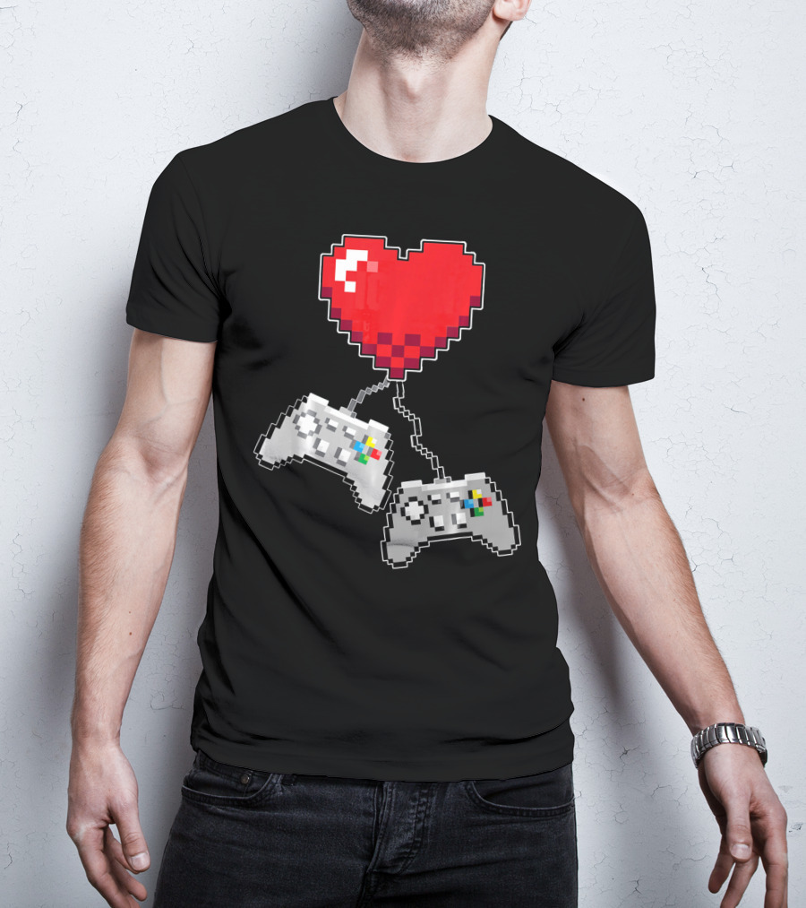 Pixel Heart Gaming Valentine Dual Controller Fun T-Shirt