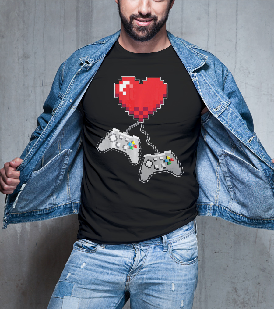 Pixel Heart Gaming Valentine Dual Controller Fun T-Shirt