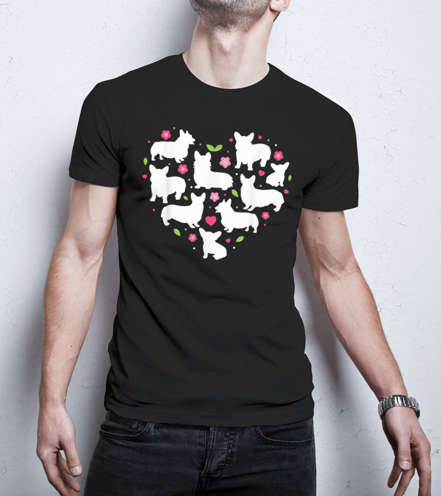 Corgi Silhouettes Heart Valentines Day Cute Dogs And Flowers T-Shirt