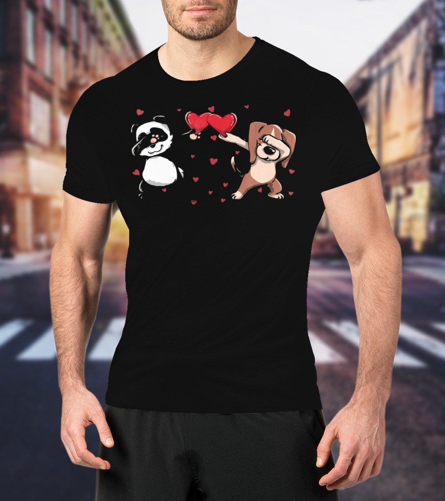 Funny Dabbing Beagle And Dabbing Panda With Hearts And Love T-Shirt