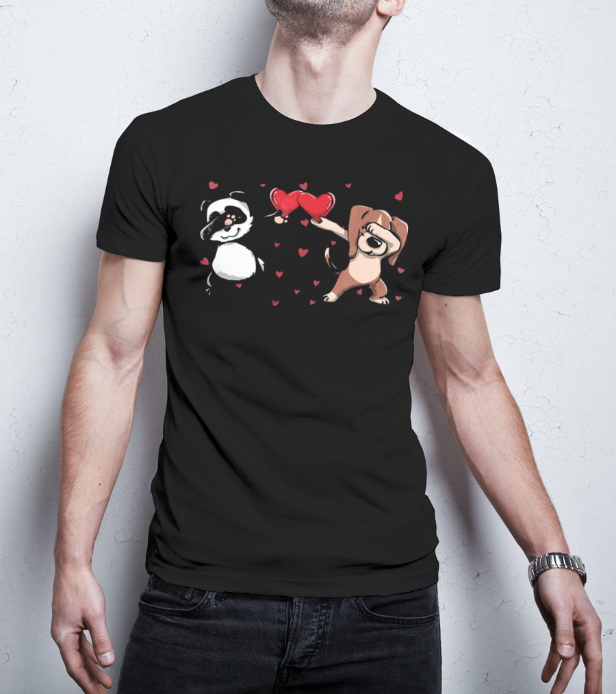 Funny Dabbing Beagle And Dabbing Panda With Hearts And Love T-Shirt