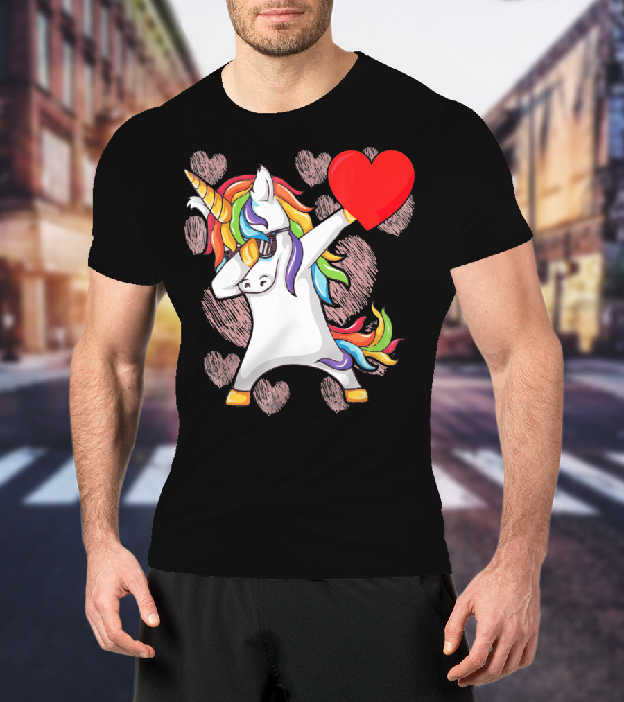 Funny Dabbing Unicorn Holding Heart Valentines T-Shirt