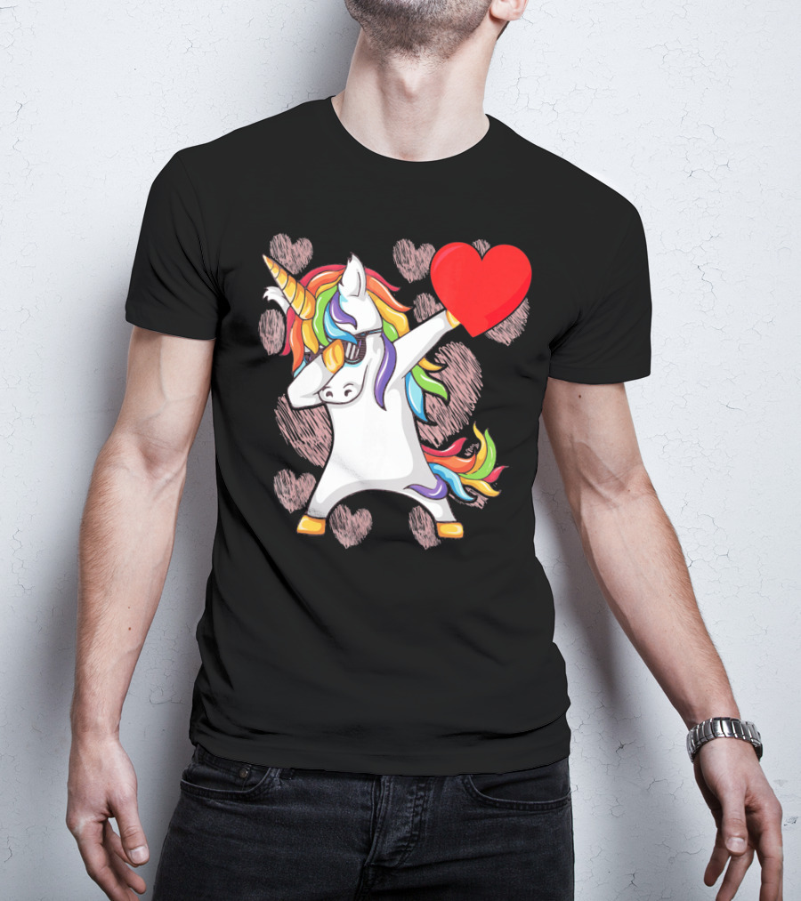 Funny Dabbing Unicorn Holding Heart Valentines T-Shirt