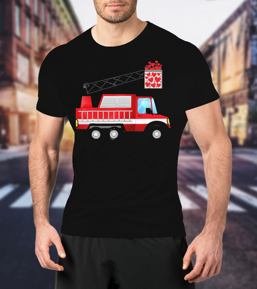 Valentine Hearts Fire Truck With Ladder And Firefighter Emblem T-Shirt