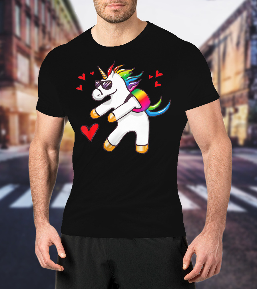 Valentine's Day Flossing Unicorn With Heart And Sunglasses T-Shirt