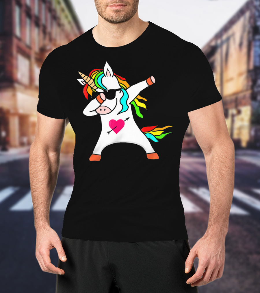Funny Heart Valentines Day Dabbing Unicorn With Rainbow Mane And Sunglasses T-Shirt