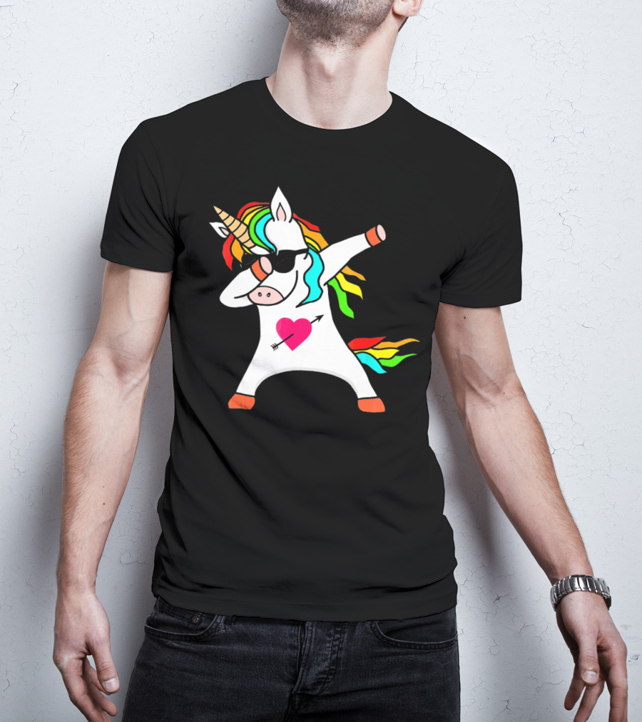 Funny Heart Valentines Day Dabbing Unicorn With Rainbow Mane And Sunglasses T-Shirt