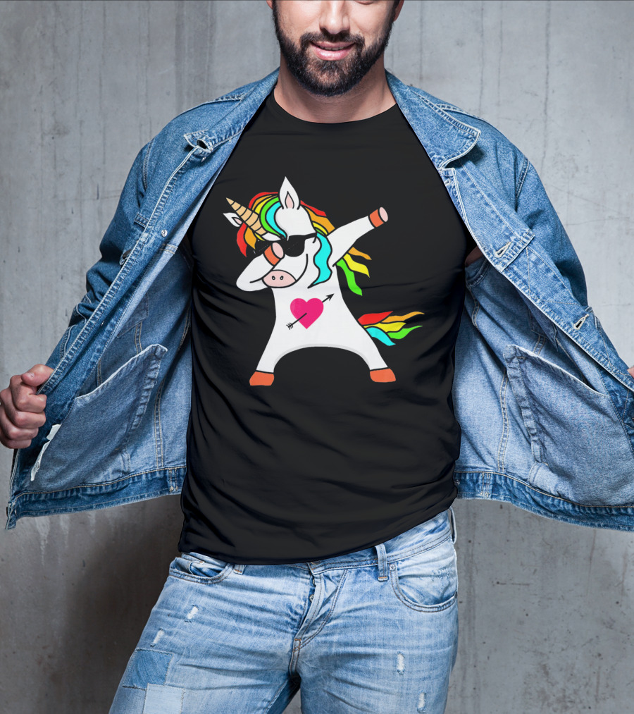 Funny Heart Valentines Day Dabbing Unicorn With Rainbow Mane And Sunglasses T-Shirt