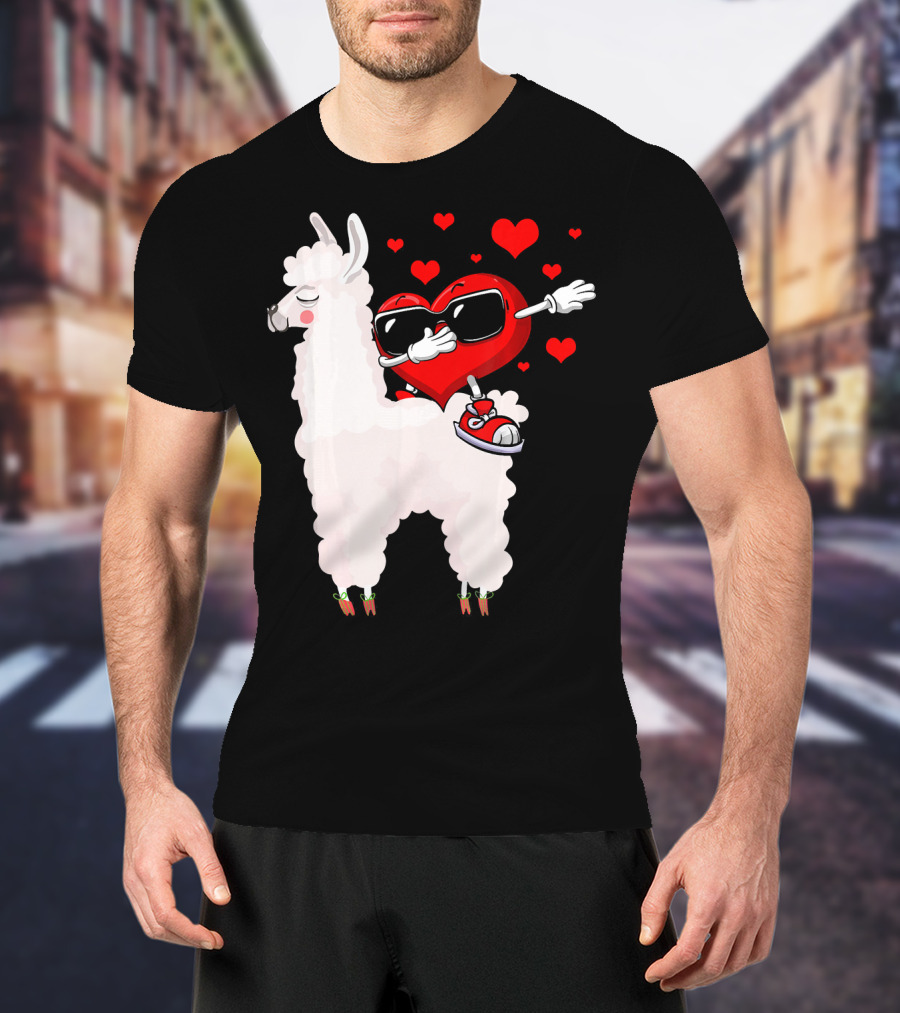 Funny Heart Dabbing On Llama Surrounded By Hearts Valentin T-Shirt