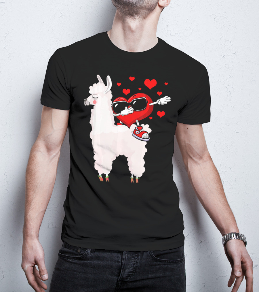 Funny Heart Dabbing On Llama Surrounded By Hearts Valentin T-Shirt