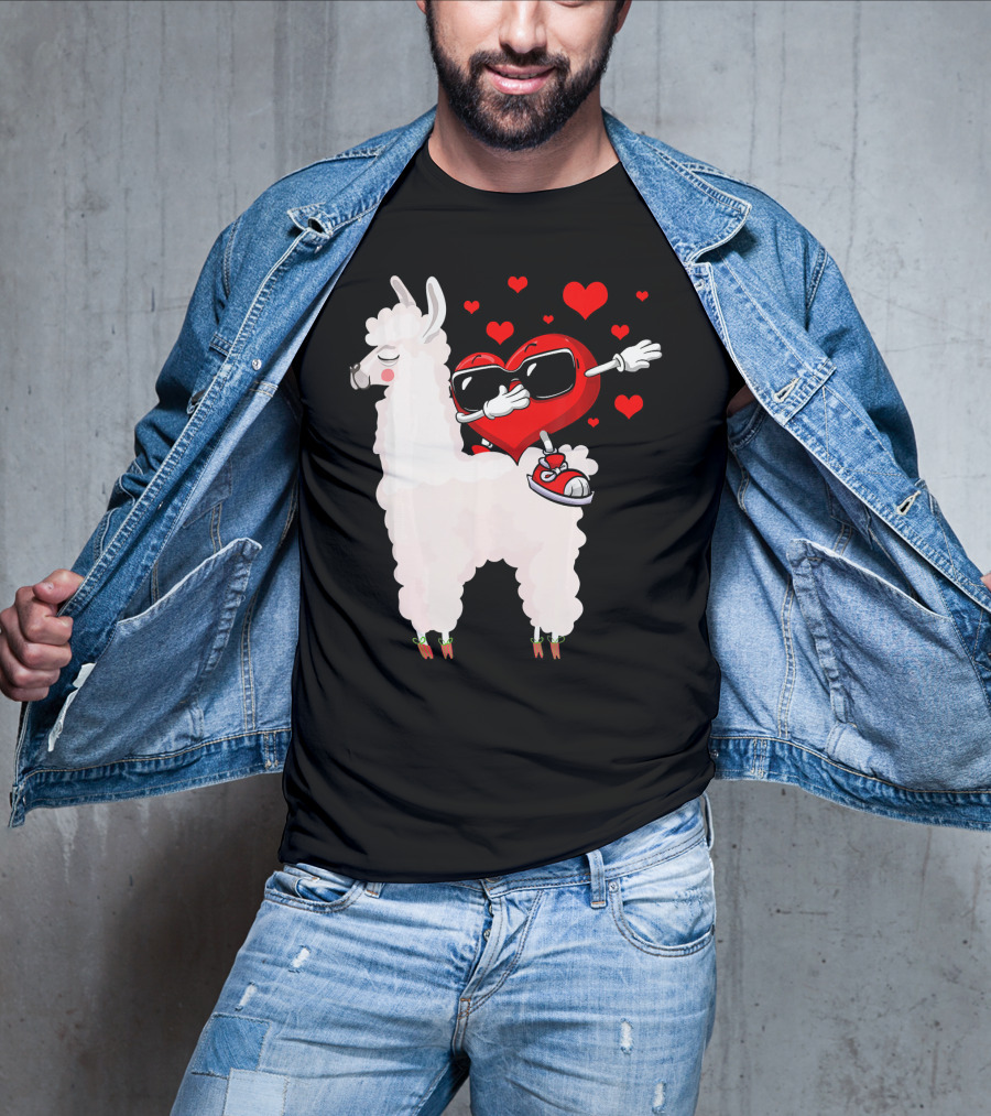 Funny Heart Dabbing On Llama Surrounded By Hearts Valentin T-Shirt