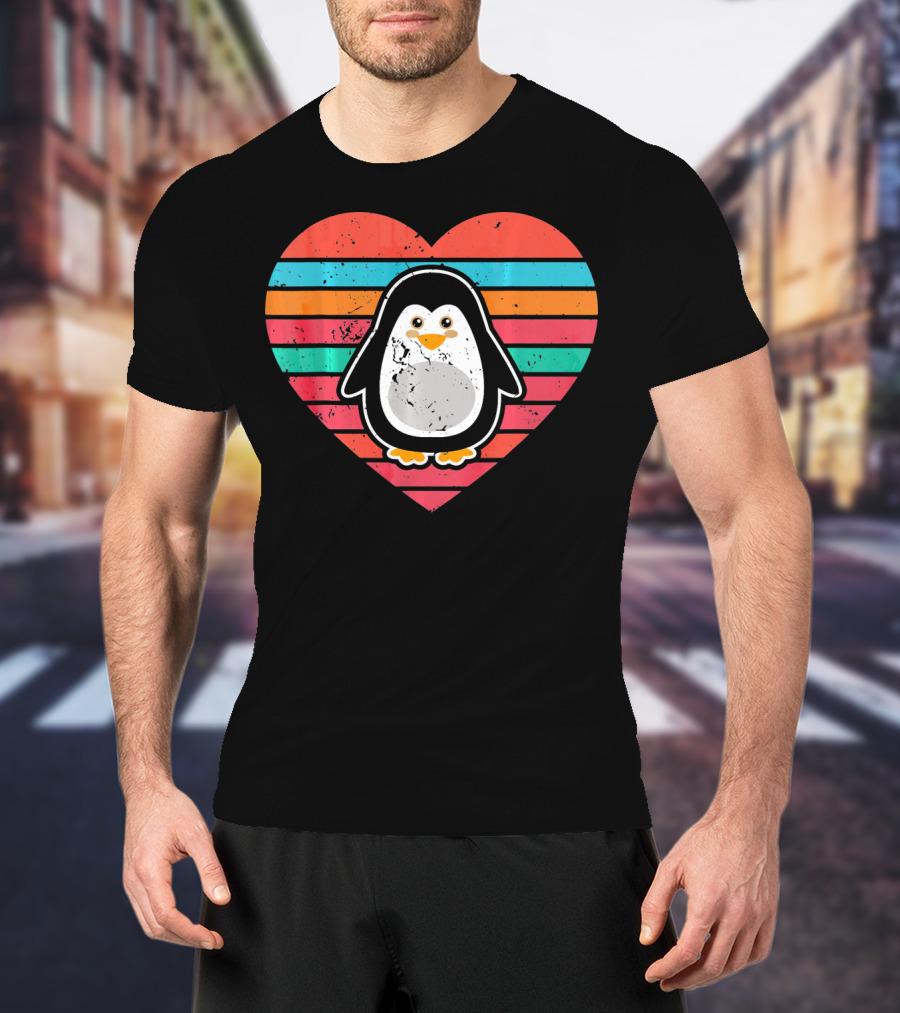 Funny Penguin Valentines Day Heart Stripes T-Shirt