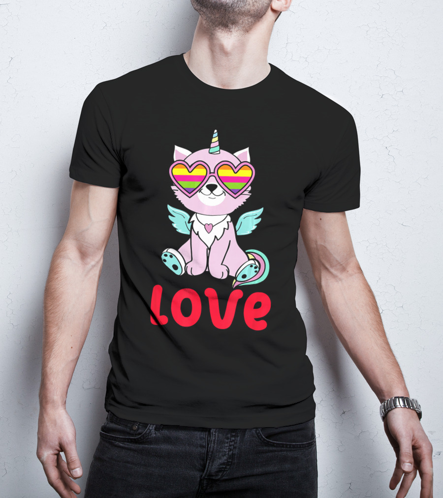 Valentines Day Love Heart Caticorn With Rainbow Sunglasses T-Shirt