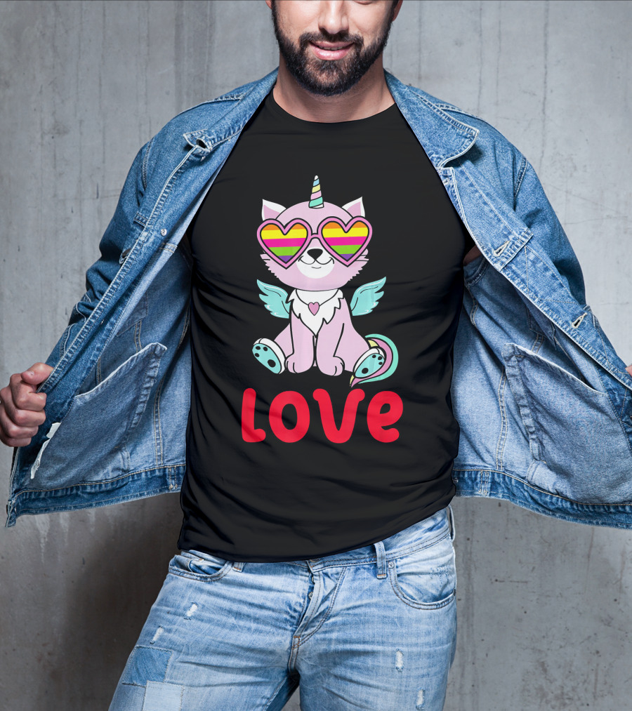 Valentines Day Love Heart Caticorn With Rainbow Sunglasses T-Shirt