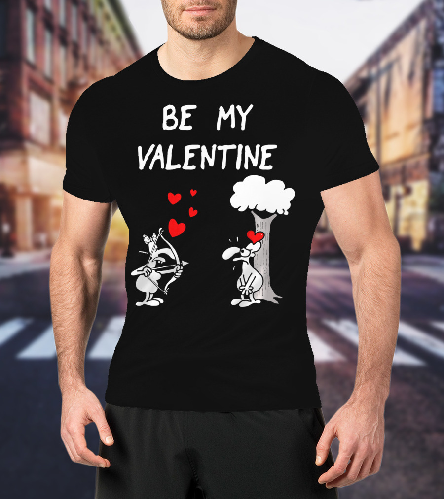BE MY VALENTINE Funny Valentines Day Cupid Cartoon Hearts Tree T-Shirt