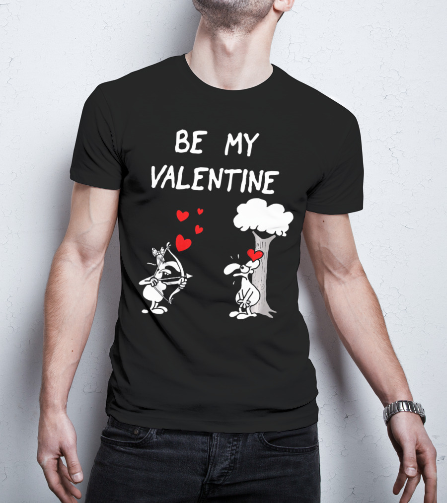 BE MY VALENTINE Funny Valentines Day Cupid Cartoon Hearts Tree T-Shirt