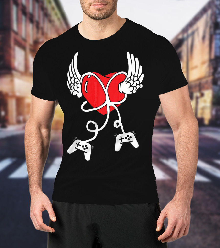 Valentines Day Heart With Wings And Video Gamer Controllers T-Shirt