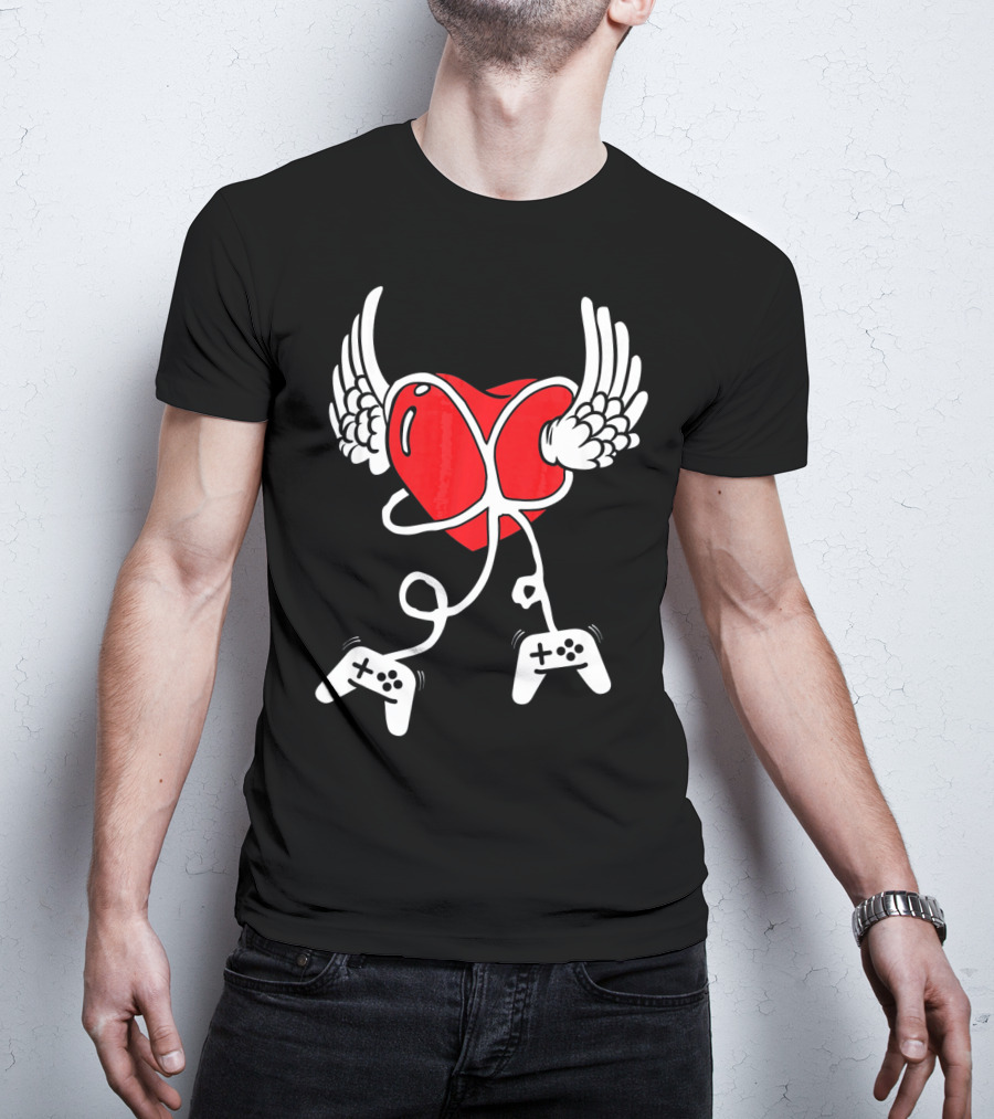 Valentines Day Heart With Wings And Video Gamer Controllers T-Shirt