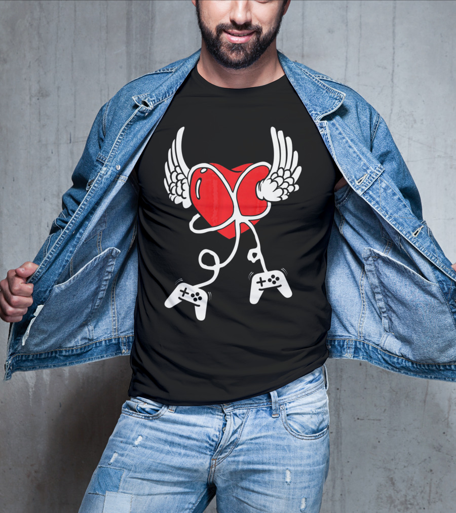 Valentines Day Heart With Wings And Video Gamer Controllers T-Shirt