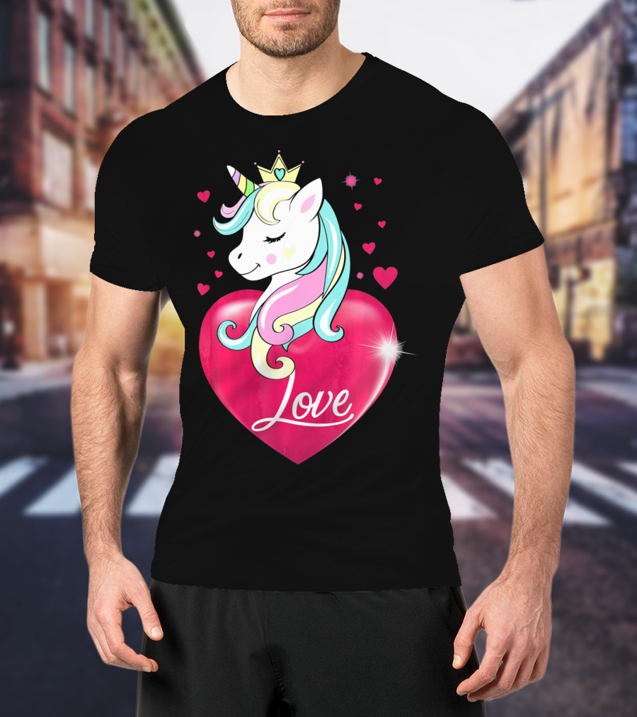 Love Heart Unicorn With Crown And Hearts Valentine's Day T-Shirt