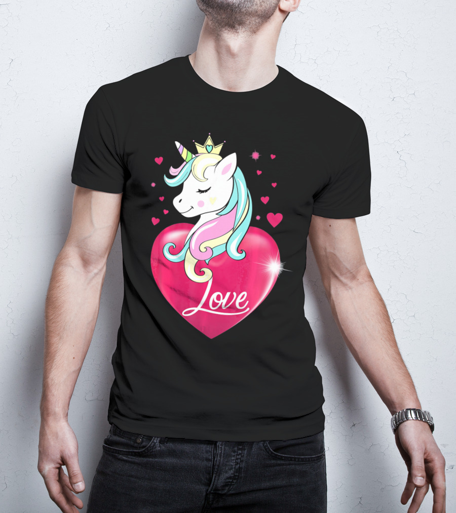 Love Heart Unicorn With Crown And Hearts Valentine's Day T-Shirt