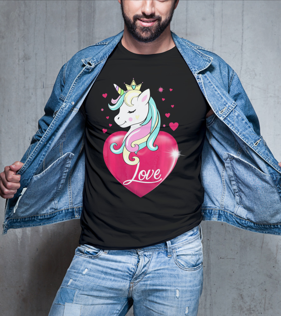 Love Heart Unicorn With Crown And Hearts Valentine's Day T-Shirt
