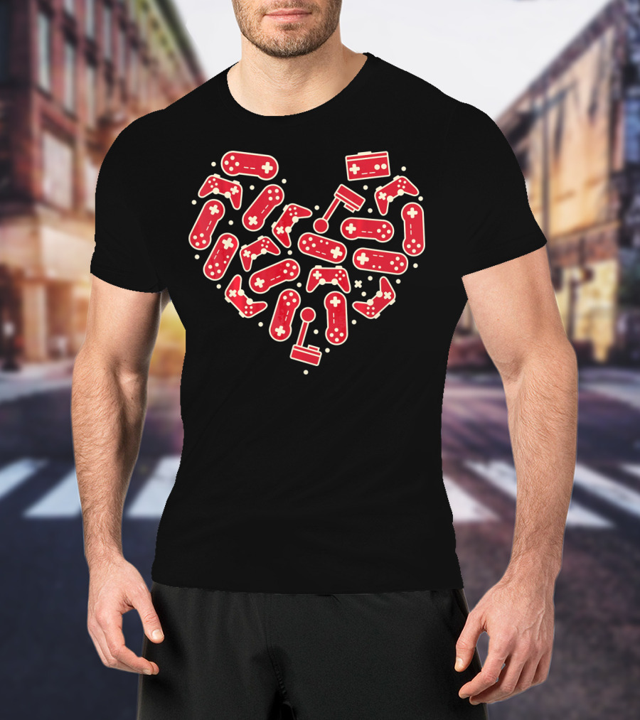 Gamer Valentines Day Couple Heart With Gaming Controllers And Joysticks T-Shirt