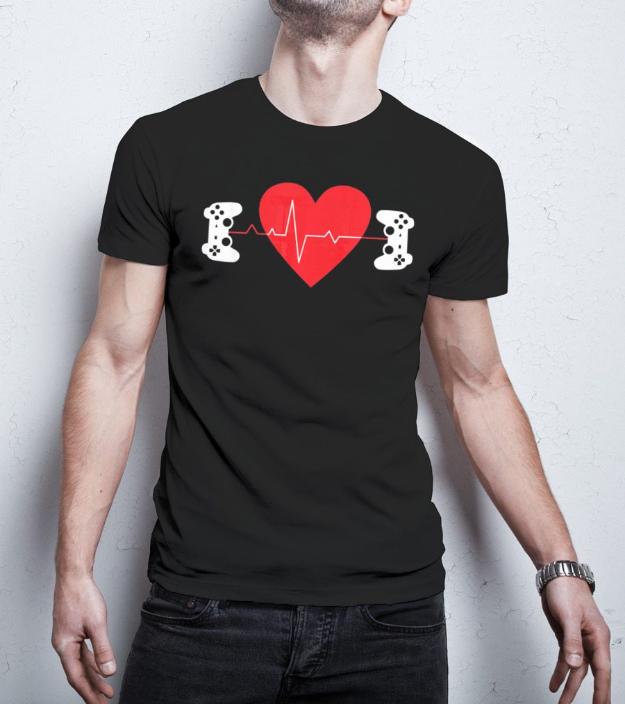 Gaming Valentine Hear Gamer Couple Controller Heartbeat T-Shirt