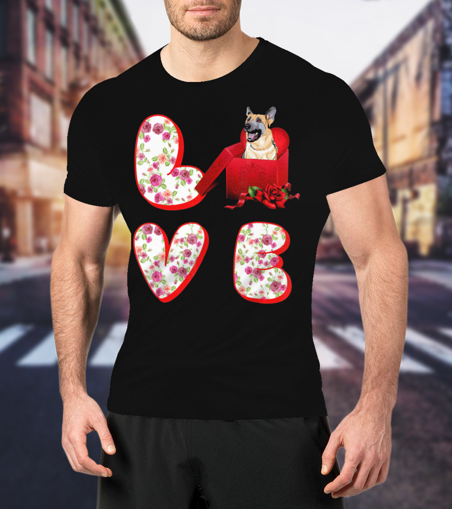Valentine Love With German Shepherd In Floral Heart T-Shirt
