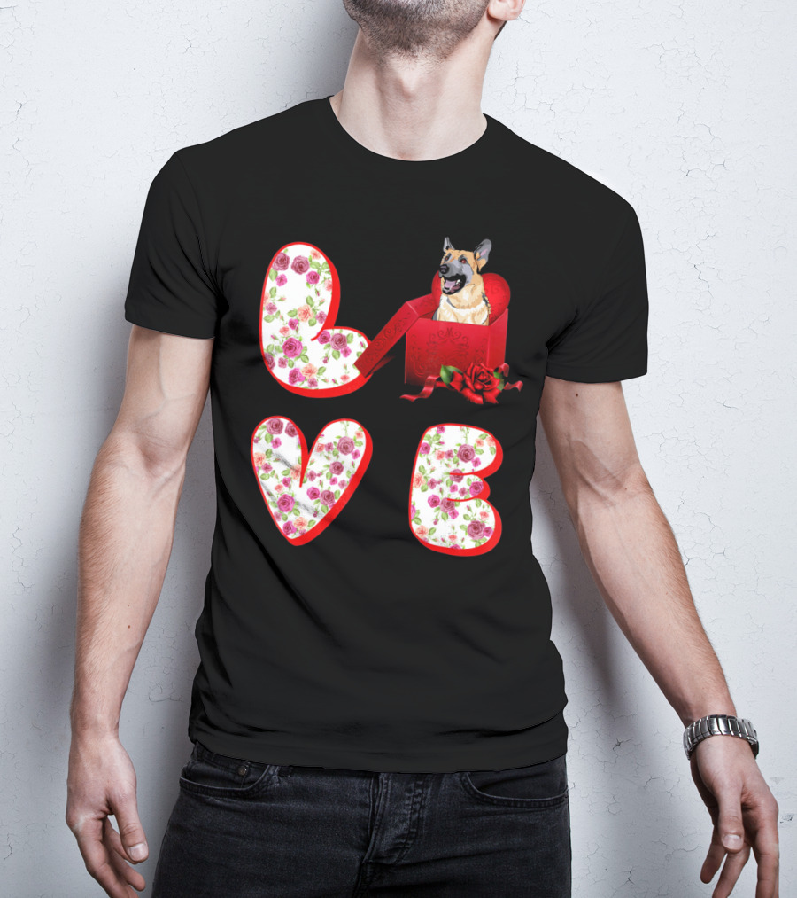 Valentine Love With German Shepherd In Floral Heart T-Shirt