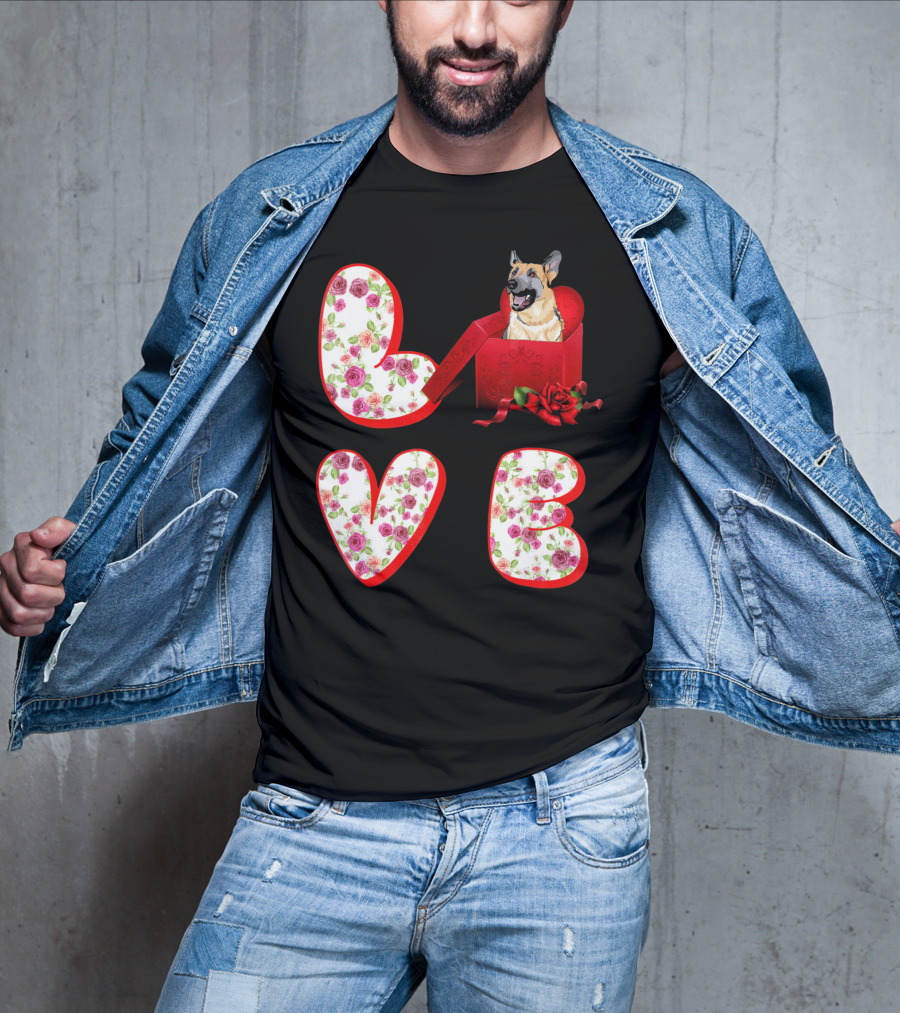 Valentine Love With German Shepherd In Floral Heart T-Shirt