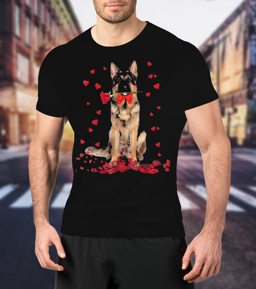 German Shepherd With Rose And Hearts Valentine's Day T-Shirt