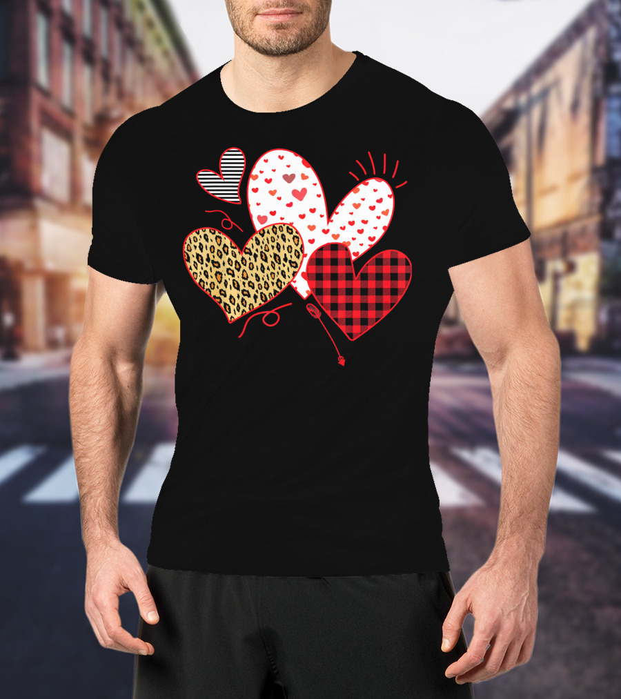 Girls Valentines Day Love Hearts Leopard Plaid T-Shirt