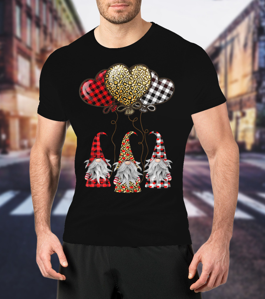 Gnomes Holding Heart Balloons With Buffalo Plaid And Leopard Print T-Shirt