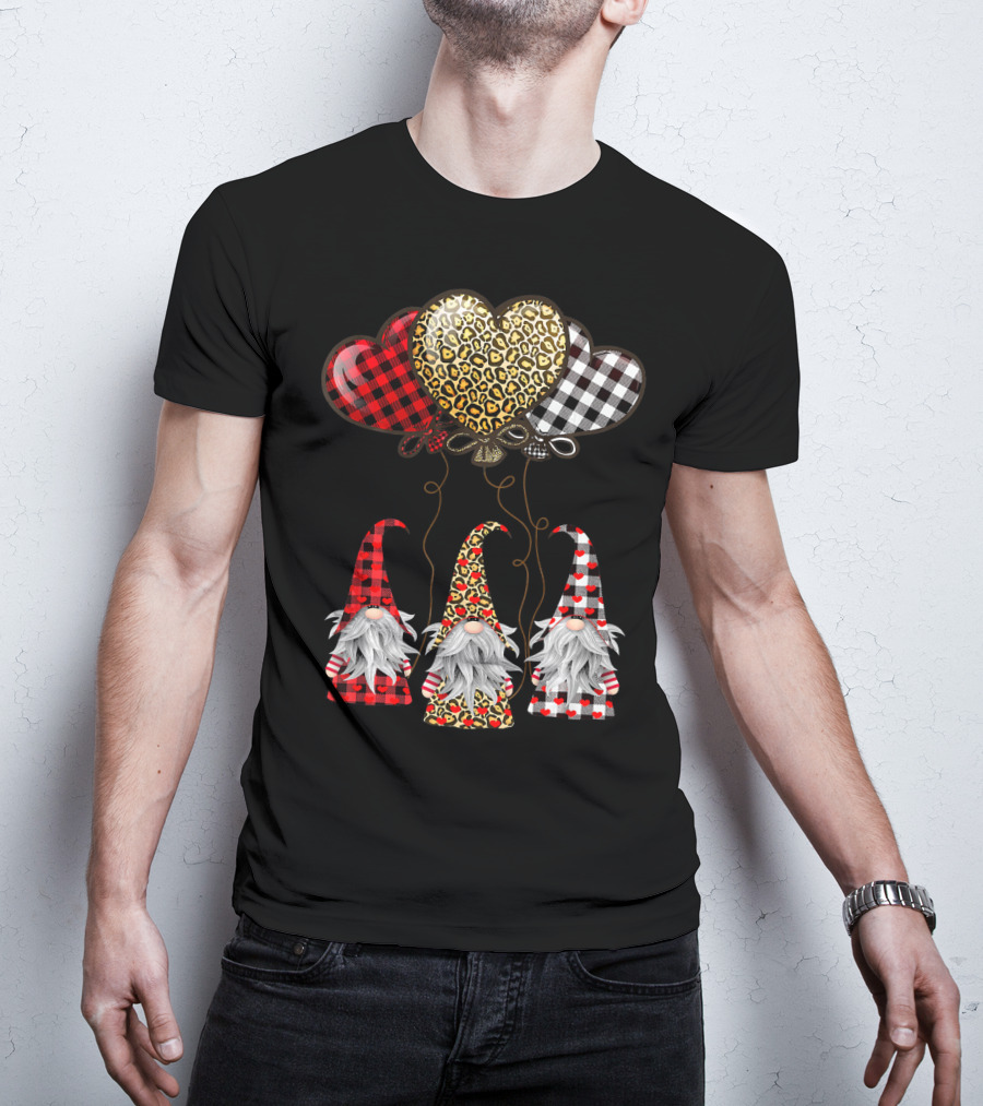 Gnomes Holding Heart Balloons With Buffalo Plaid And Leopard Print T-Shirt