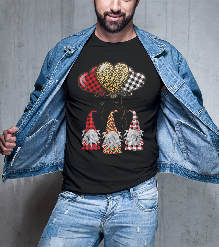 Gnomes Holding Heart Balloons With Buffalo Plaid And Leopard Print T-Shirt