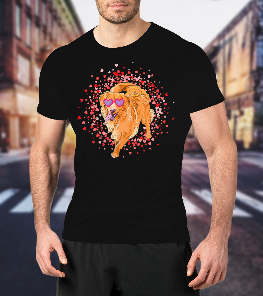 Golden Retriever With Heart Glasses Surrounded By Valentine's Day Hearts T-Shirt