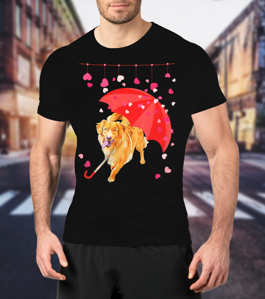 Golden Retriever With Umbrella And Falling Hearts Valentin T-Shirt