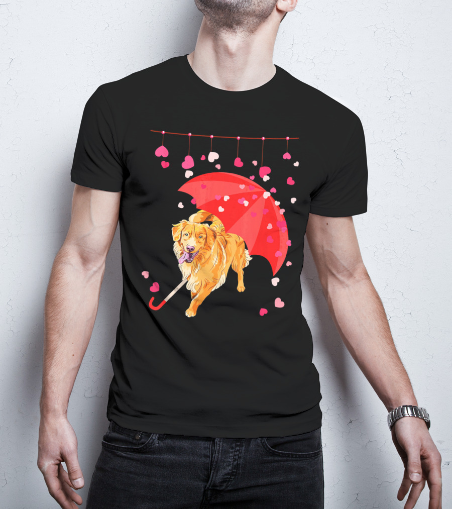Golden Retriever With Umbrella And Falling Hearts Valentin T-Shirt