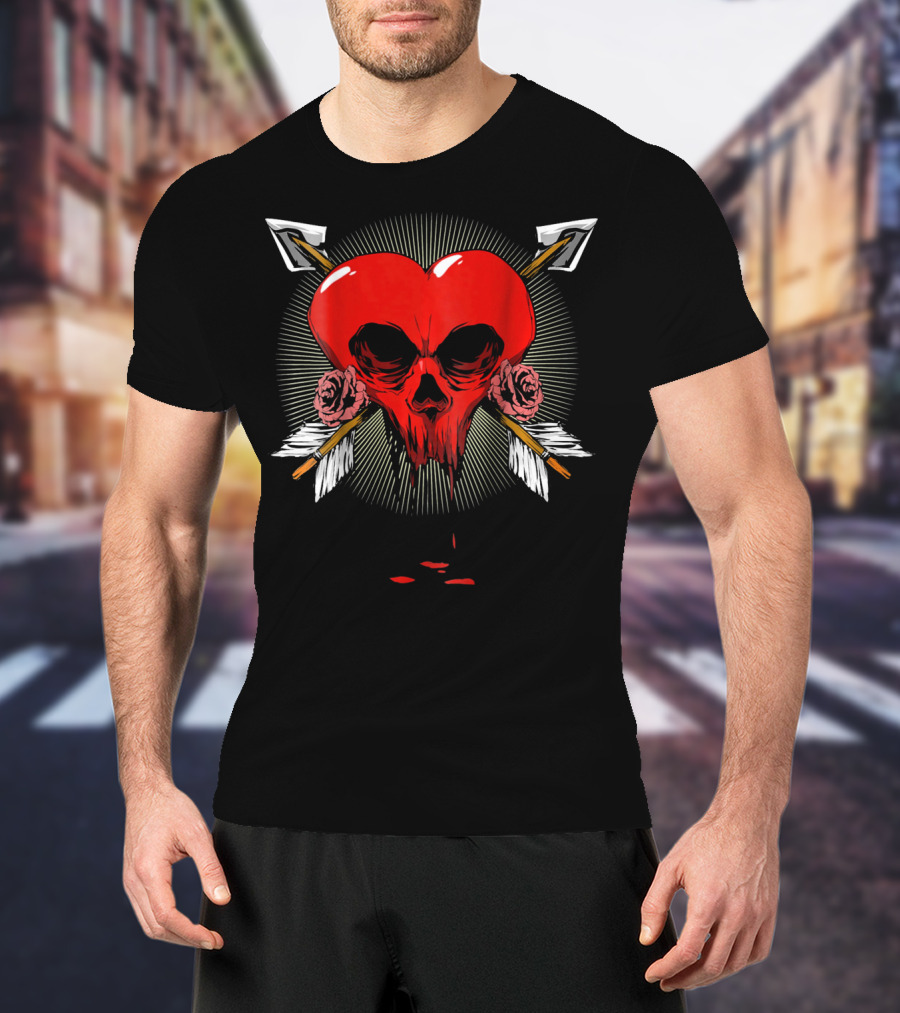 Gothic Heart Skull With Arrows And Roses Valentines Day T-Shirt