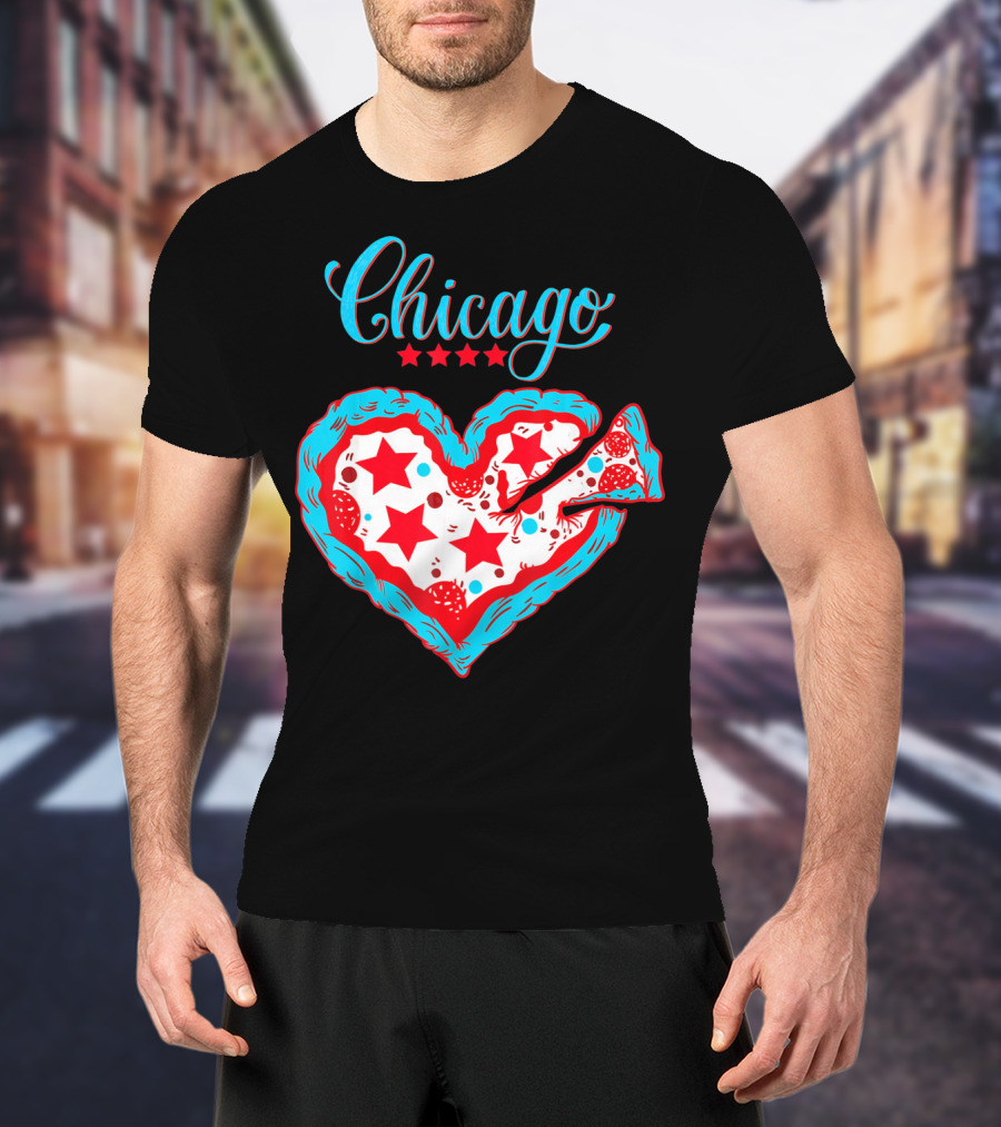 Chicago Heart Pizza Stars Valentines Day T-Shirt