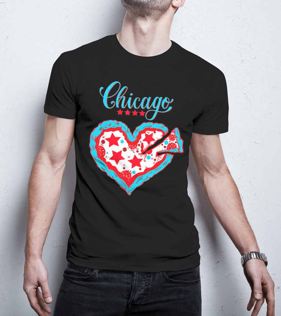 Chicago Heart Pizza Stars Valentines Day T-Shirt