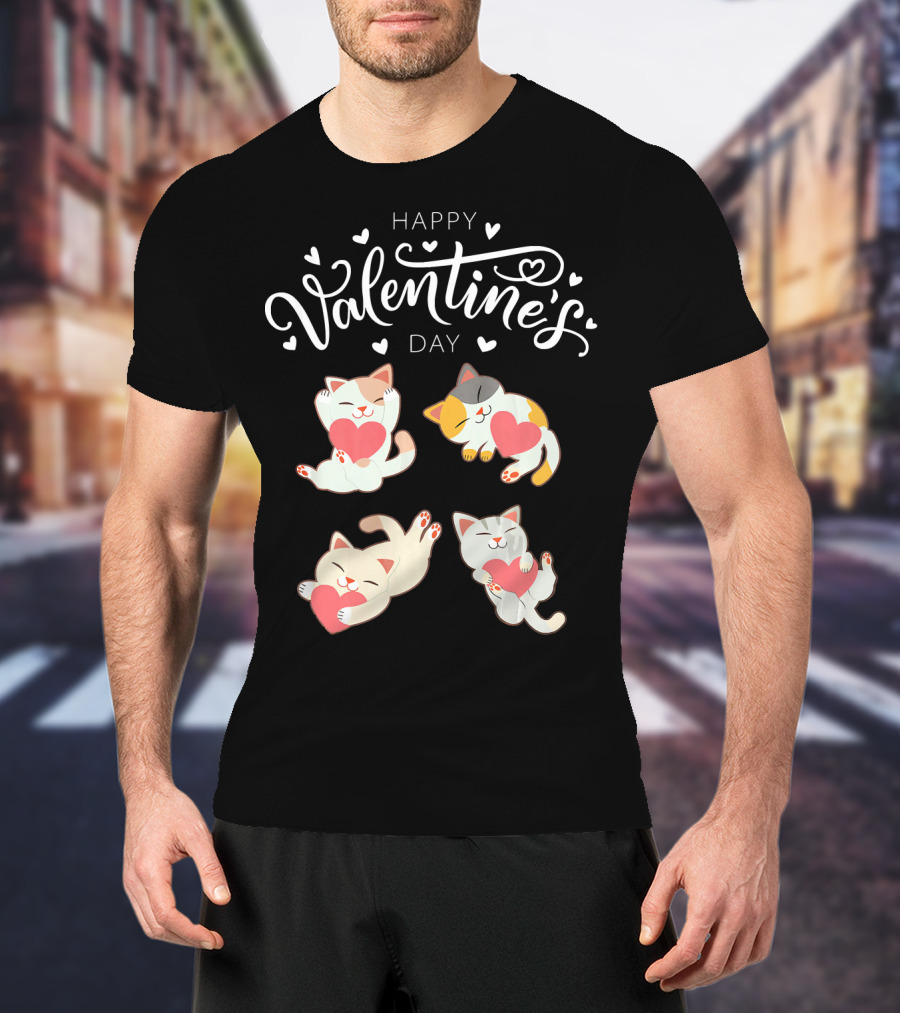 Happy Valentine's Day Four Cute Cats Holding Hearts T-Shirt