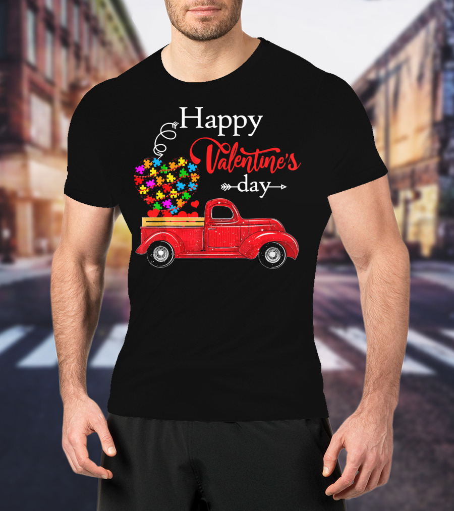 Happy Valentine's Day Truck With Colorful Heart Puzzles T-Shirt